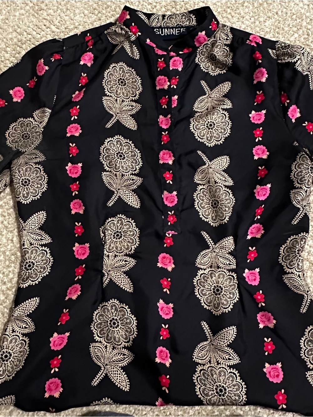 Black Blouse with Pink Floral Embroidery